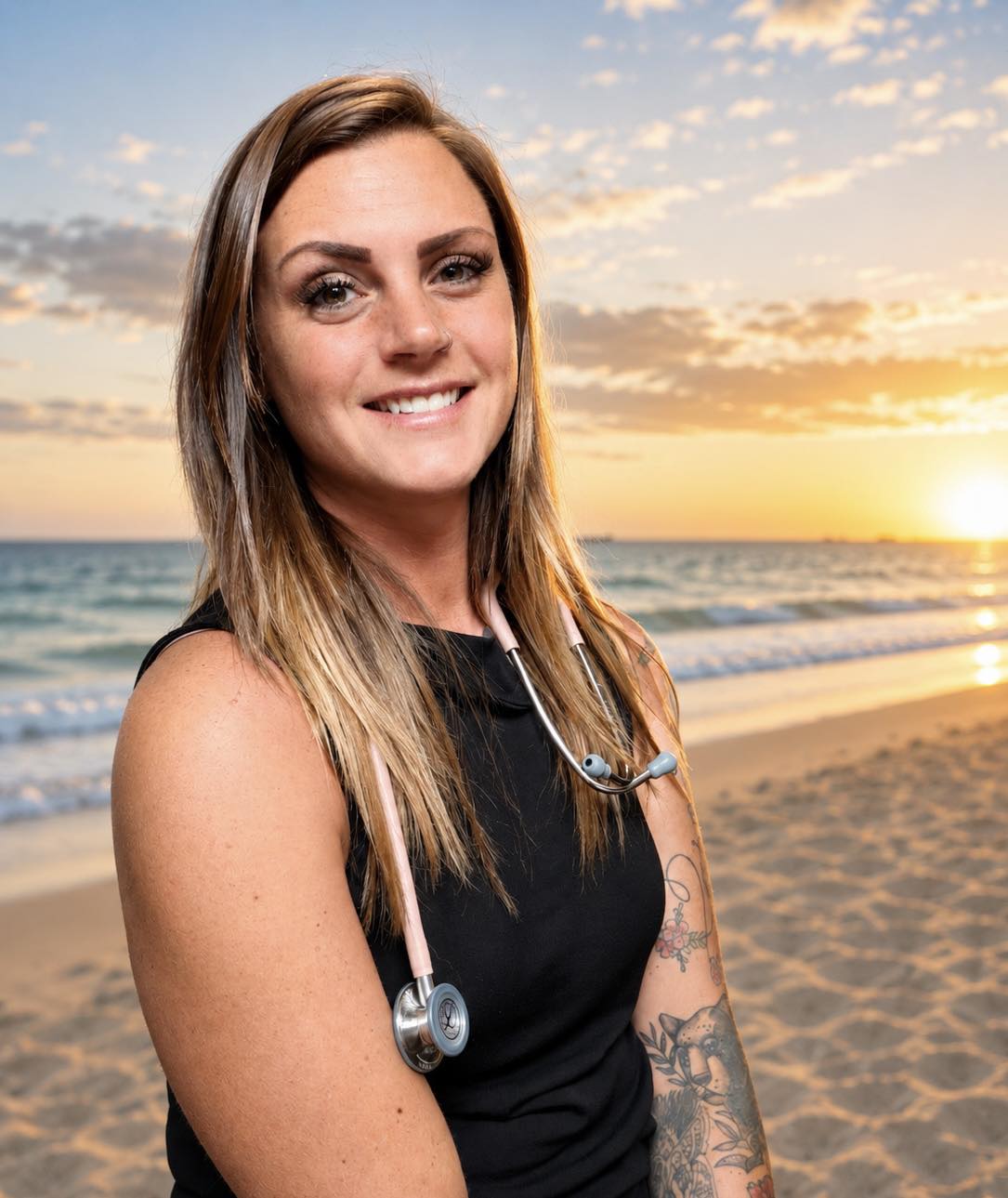 Amy Lynn Withers, RN, founder of Frontline Medical Travel & Planning, smiling on the beach at sunset with a stethoscope.