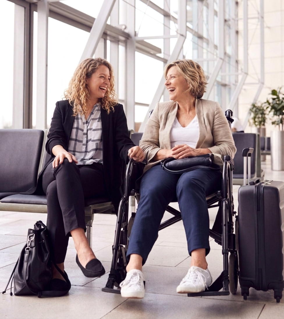 Travel companion laughing with client in wheelchair at airport